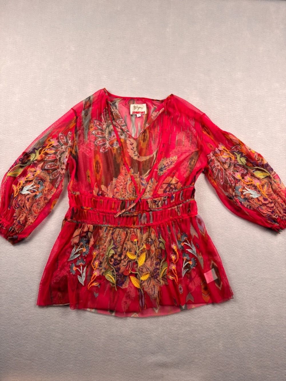 Johnny Was Biya Mesh Blouse Sz Small Embroidered Sleeve Floral Boho Sheer
